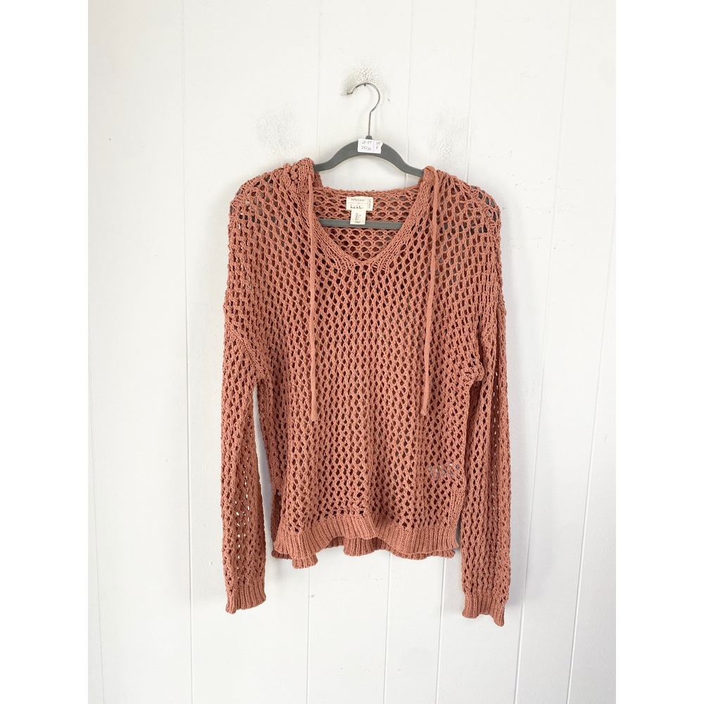 Artelier Nicole Miller Terracotta Open Knit Hoodie Sweater Large Boho Clay
